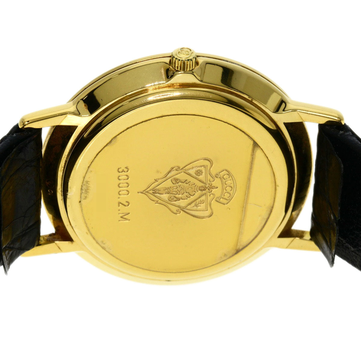 GUCCI Watches Quartz 3000.2M Gold Plated, Leather gold Round face black dial mens Used