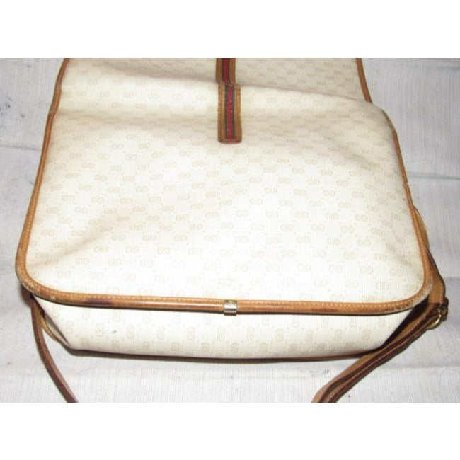 Gucci Vintage Beige With Camel Small G Logo And Red Green Stripe Leather Coated Canvas