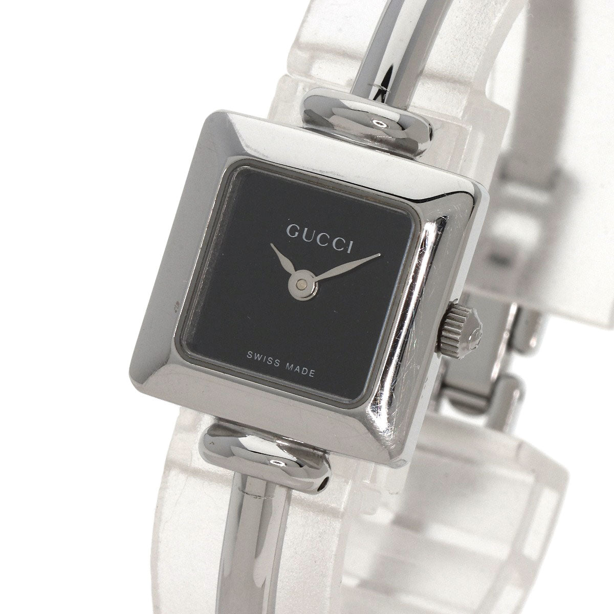 GUCCI Watches Quartz 1900L Stainless Steel , Stainless Steel Silver Square face bangle black dial Women Used