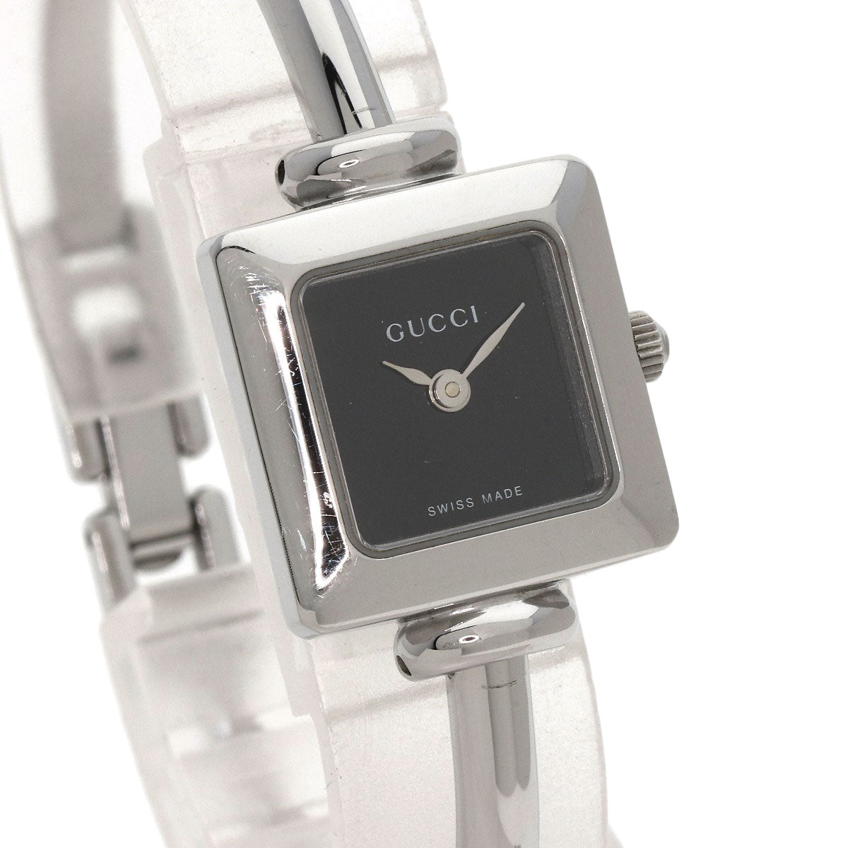 GUCCI Watches Quartz 1900L Stainless Steel , Stainless Steel Silver Square face bangle black dial Women Used