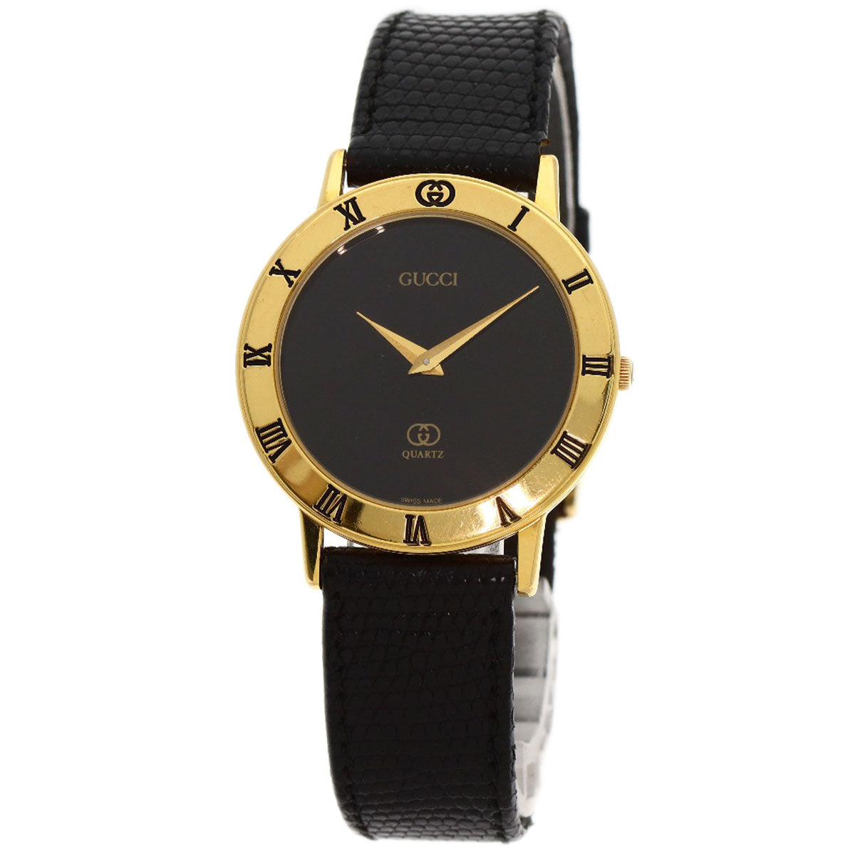 GUCCI Watches Quartz 3001M Gold Plated, Leather gold Round face black dial mens Used