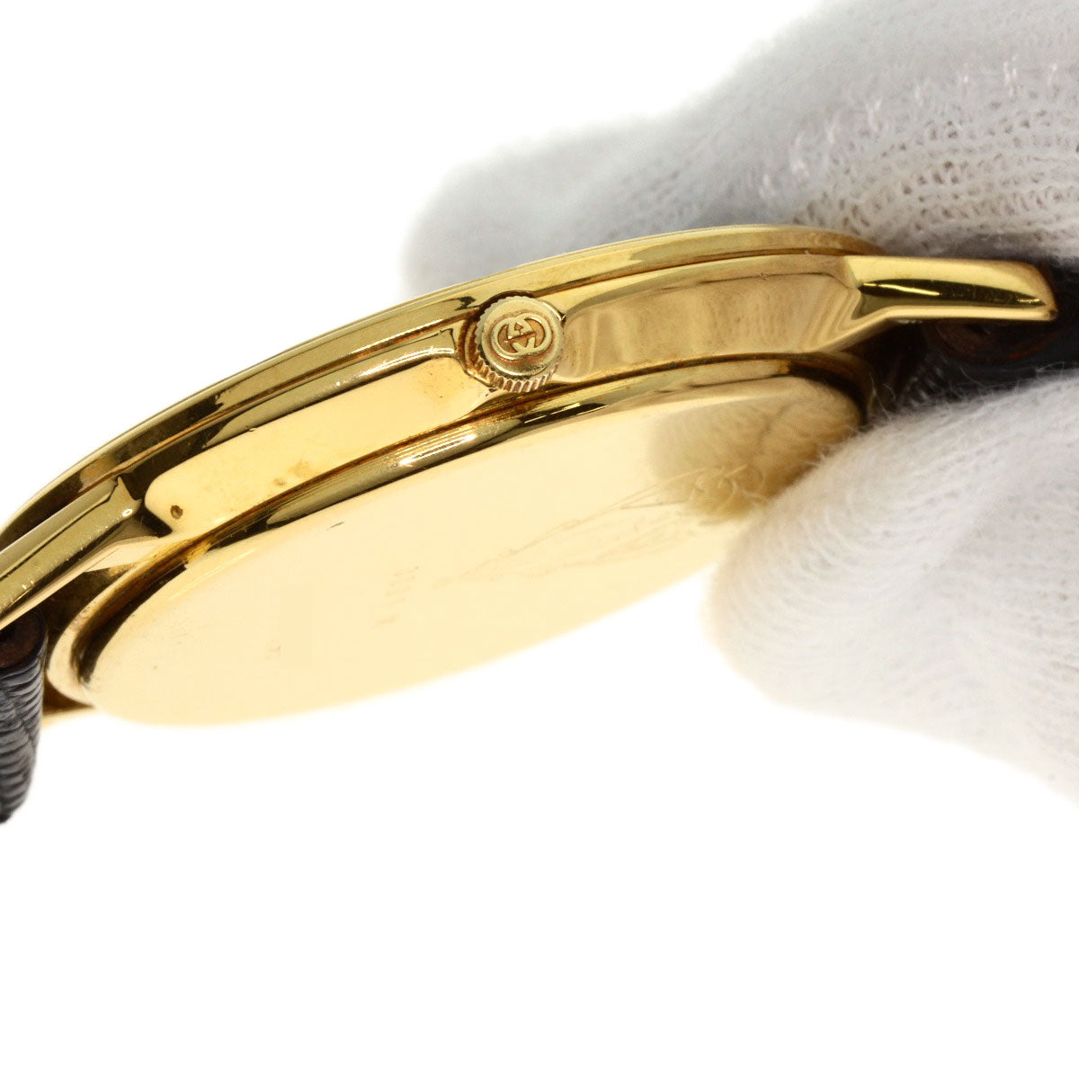 GUCCI Watches Quartz 3001M Gold Plated, Leather gold Round face black dial mens Used