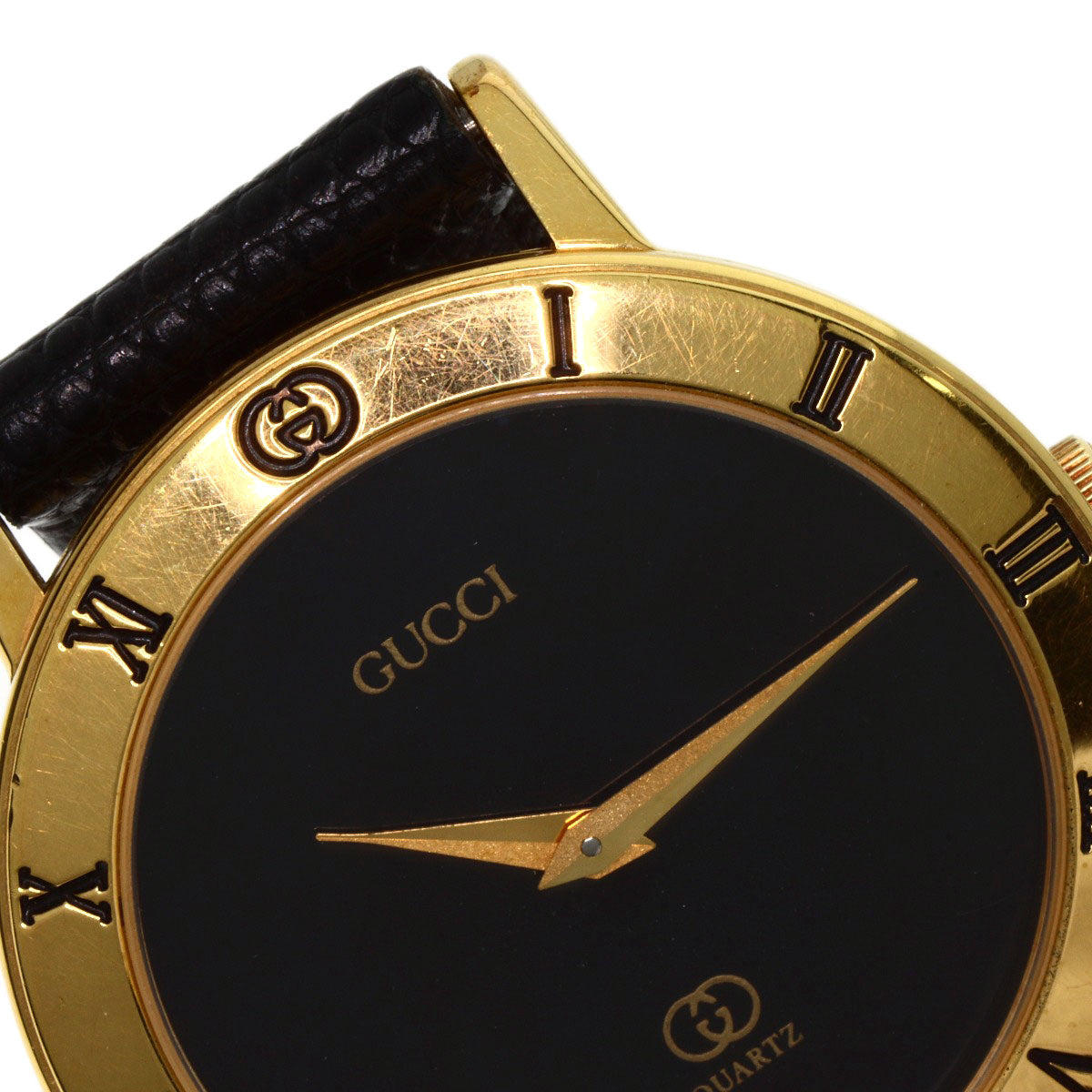GUCCI Watches Quartz 3001M Gold Plated, Leather gold Round face black dial mens Used