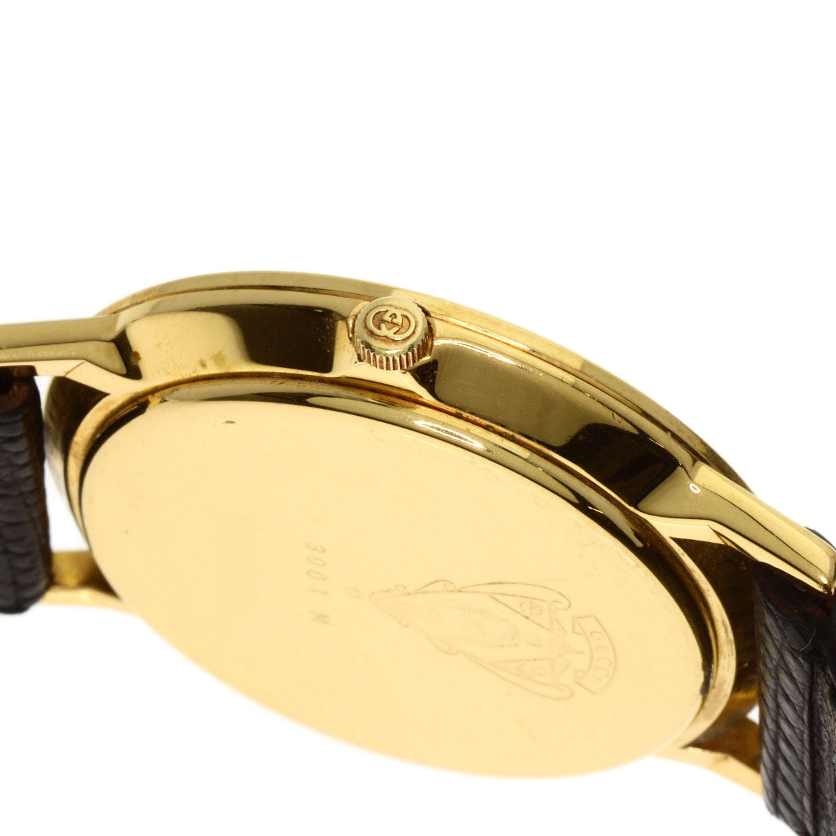 GUCCI Watches Quartz 3001M Gold Plated, Leather gold Round face black dial mens Used