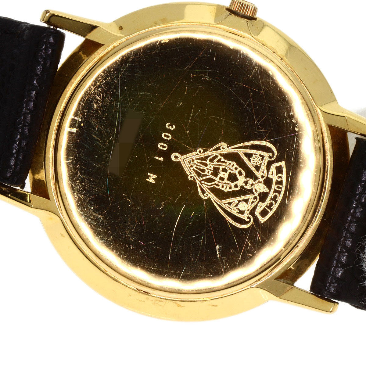GUCCI Watches Quartz 3001M Gold Plated, Leather gold Round face black dial mens Used