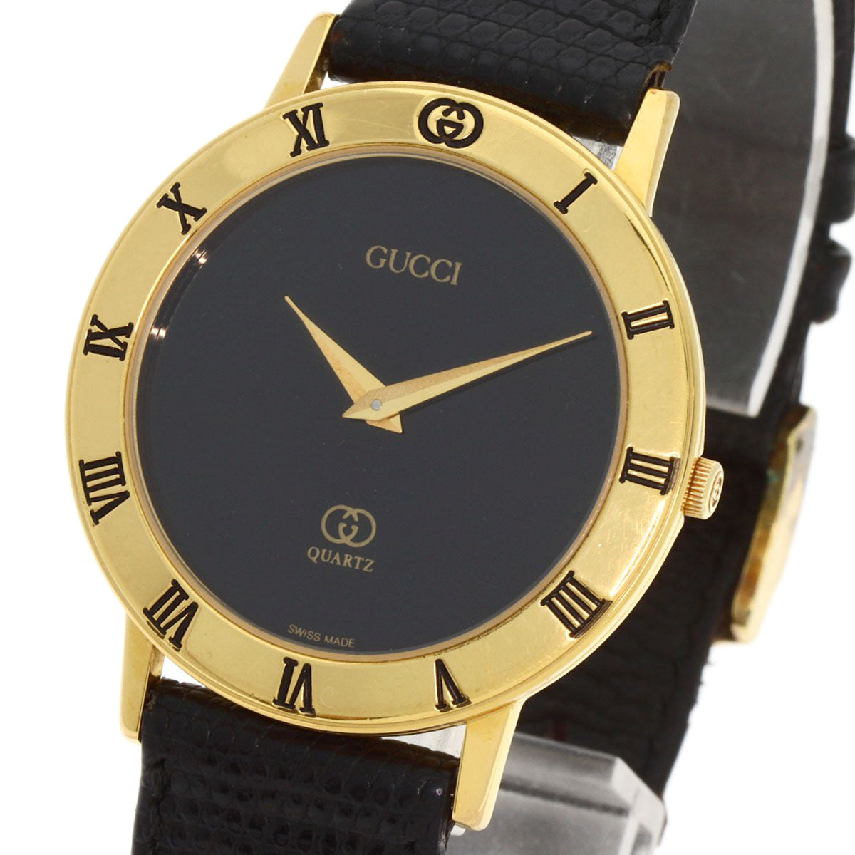 GUCCI Watches Quartz 3001M Gold Plated, Leather gold Round face black dial mens Used