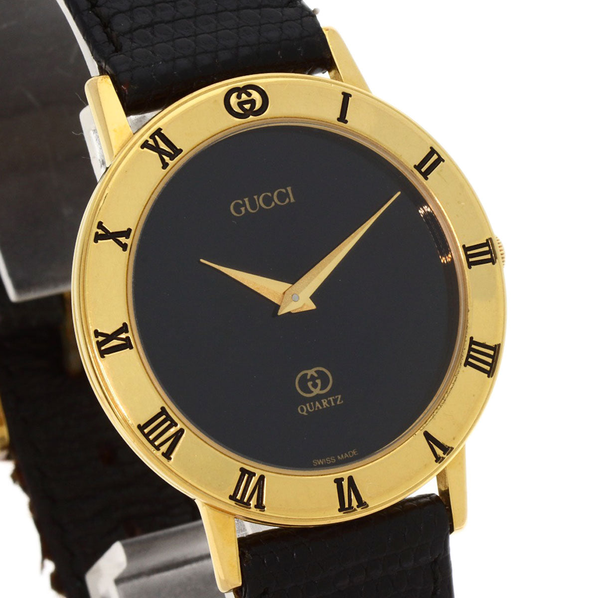GUCCI Watches Quartz 3001M Gold Plated, Leather gold Round face black dial mens Used