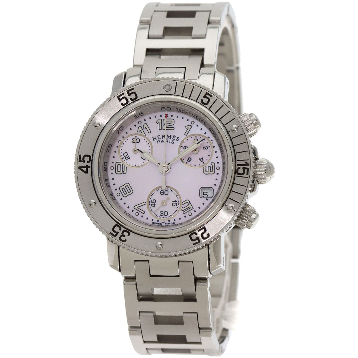 HERMES Watches Quartz CL2.310 Stainless Steel , Stainless Steel Silver Clipper Diver Chronograph New Buckle Pink shell dial mens Used