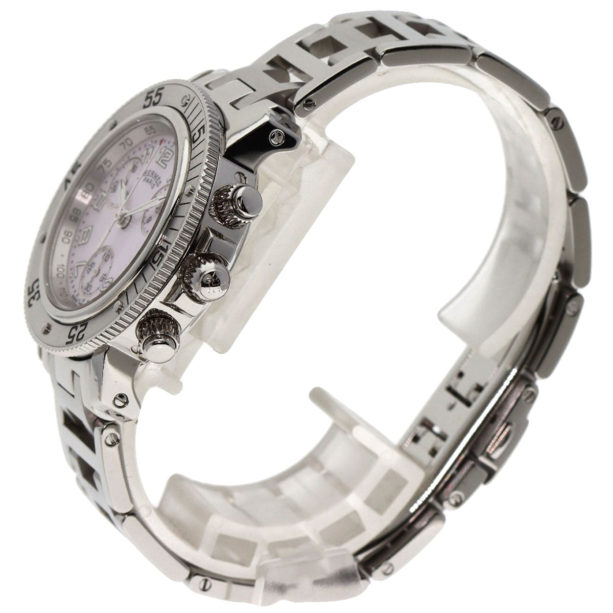 HERMES Watches Quartz CL2.310 Stainless Steel , Stainless Steel Silver Clipper Diver Chronograph New Buckle Pink shell dial mens Used