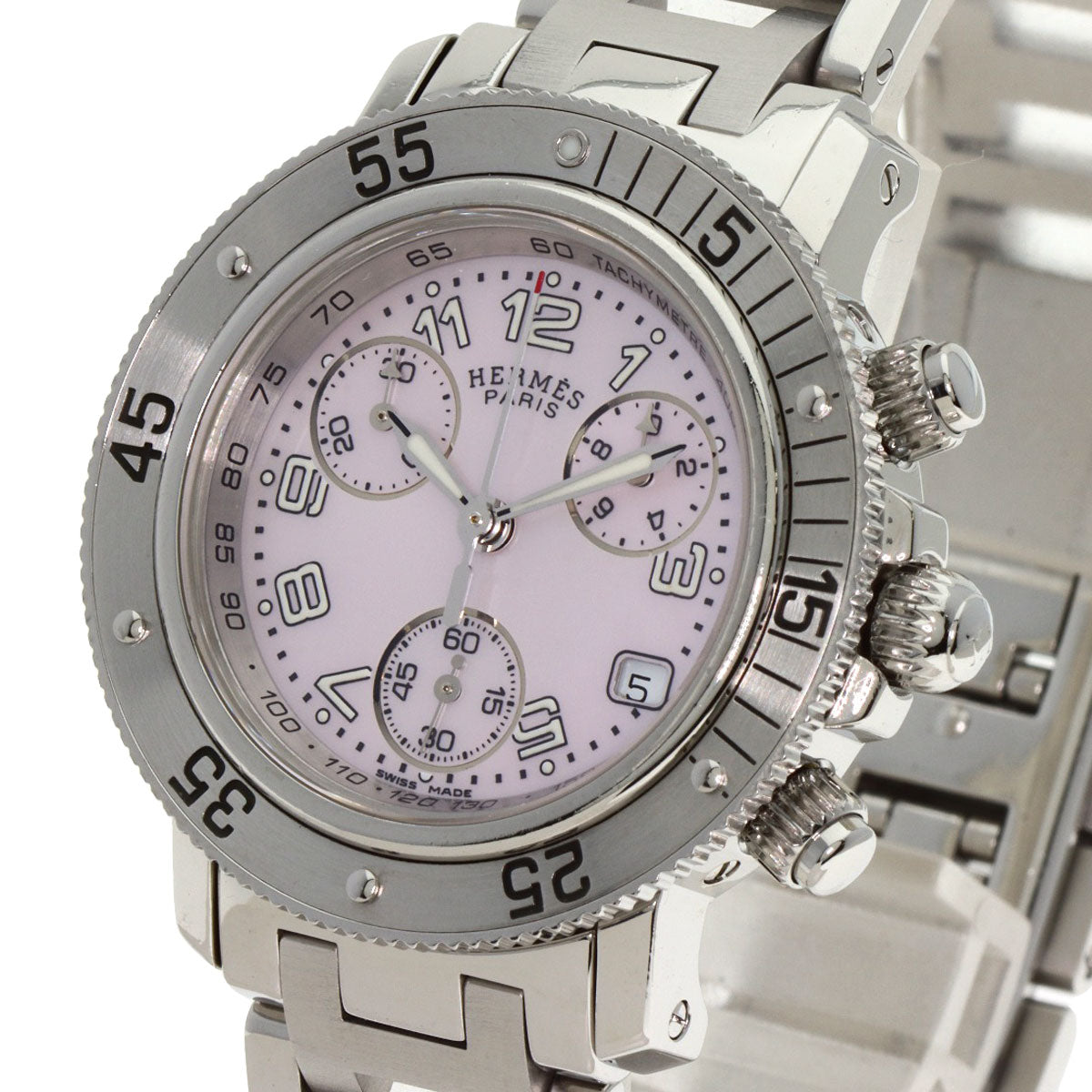 HERMES Watches Quartz CL2.310 Stainless Steel , Stainless Steel Silver Clipper Diver Chronograph New Buckle Pink shell dial mens Used