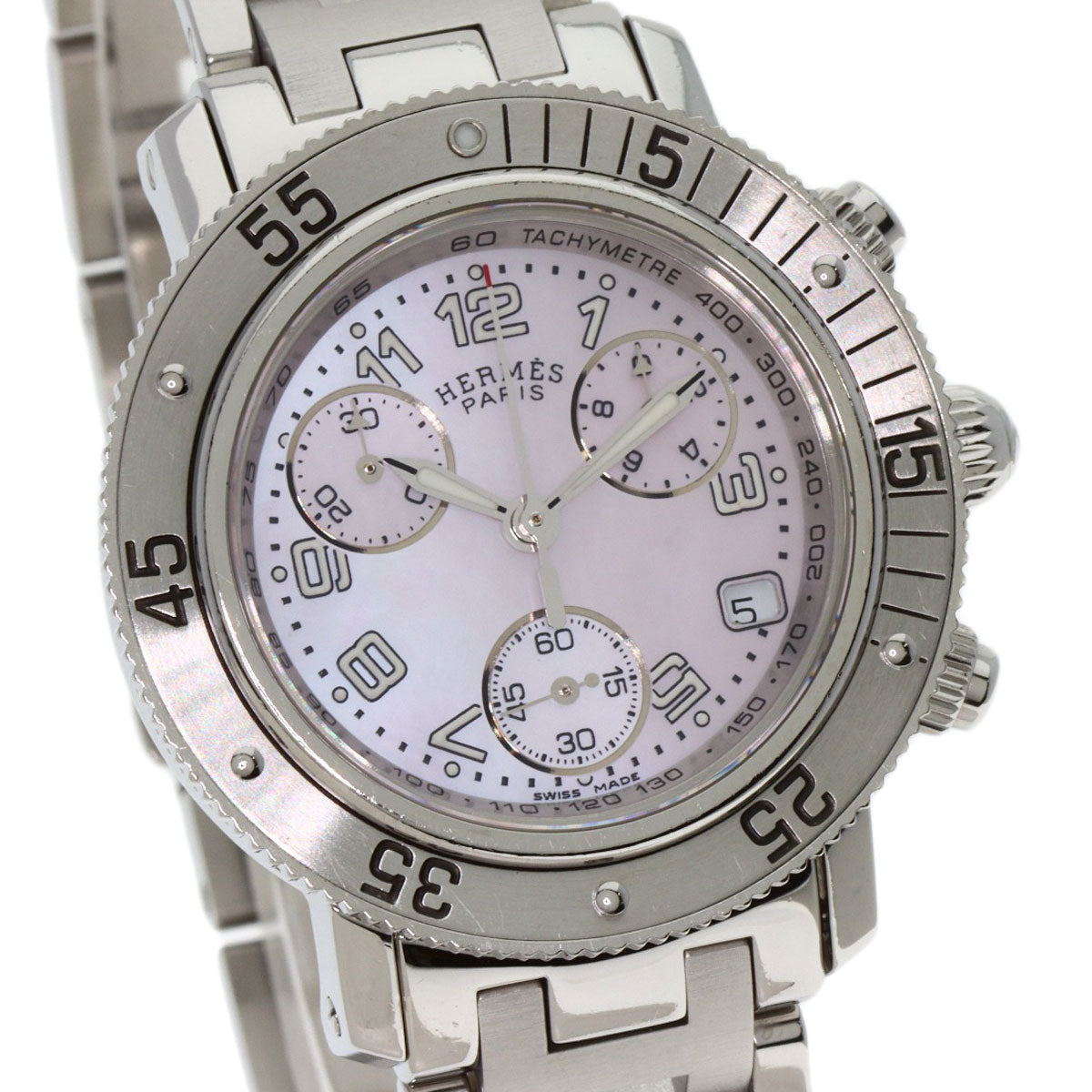 HERMES Watches Quartz CL2.310 Stainless Steel , Stainless Steel Silver Clipper Diver Chronograph New Buckle Pink shell dial mens Used