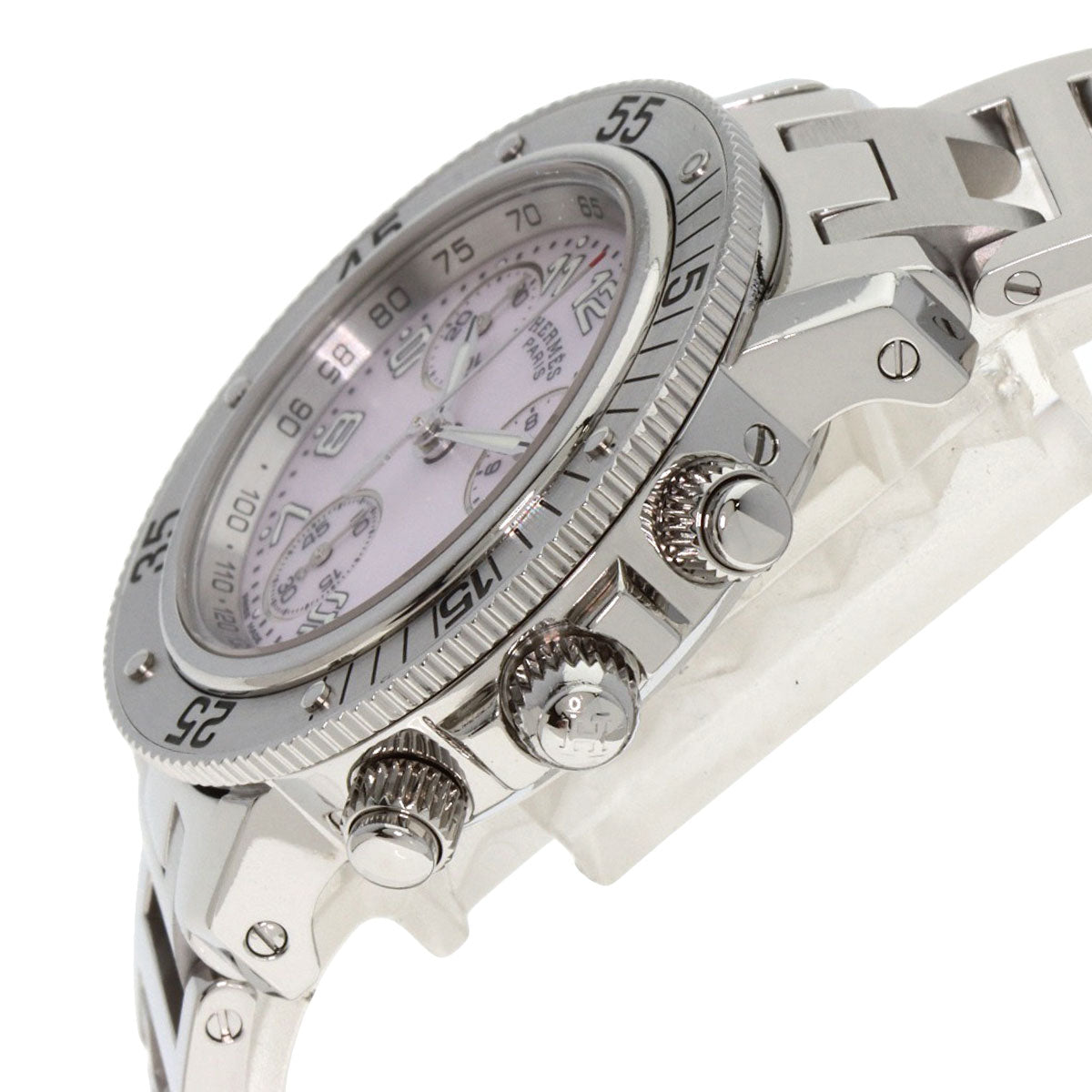 HERMES Watches Quartz CL2.310 Stainless Steel , Stainless Steel Silver Clipper Diver Chronograph New Buckle Pink shell dial mens Used