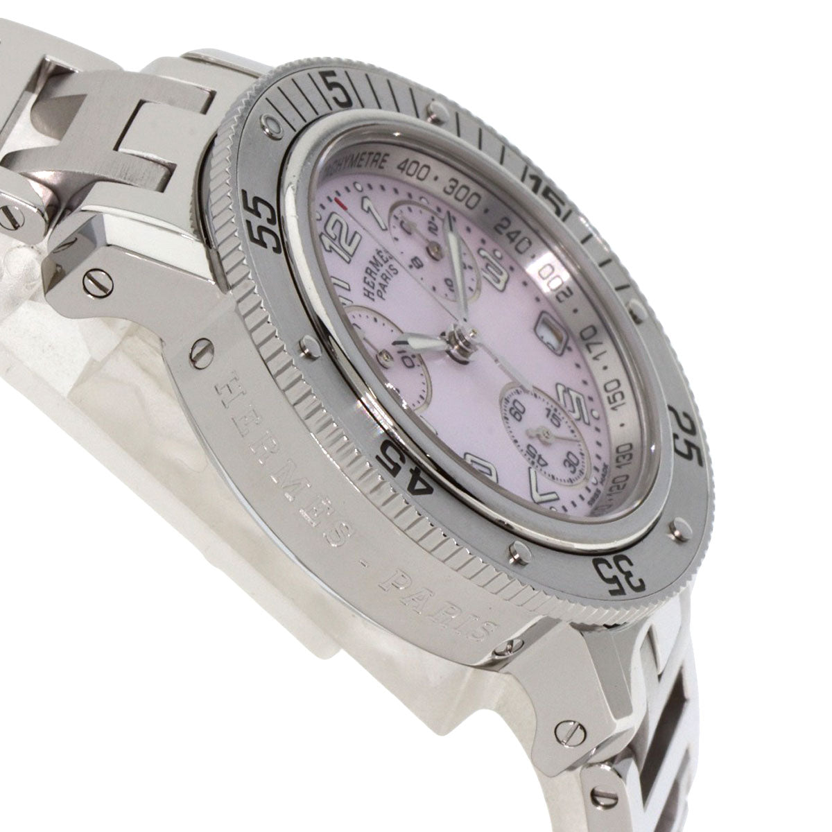 HERMES Watches Quartz CL2.310 Stainless Steel , Stainless Steel Silver Clipper Diver Chronograph New Buckle Pink shell dial mens Used
