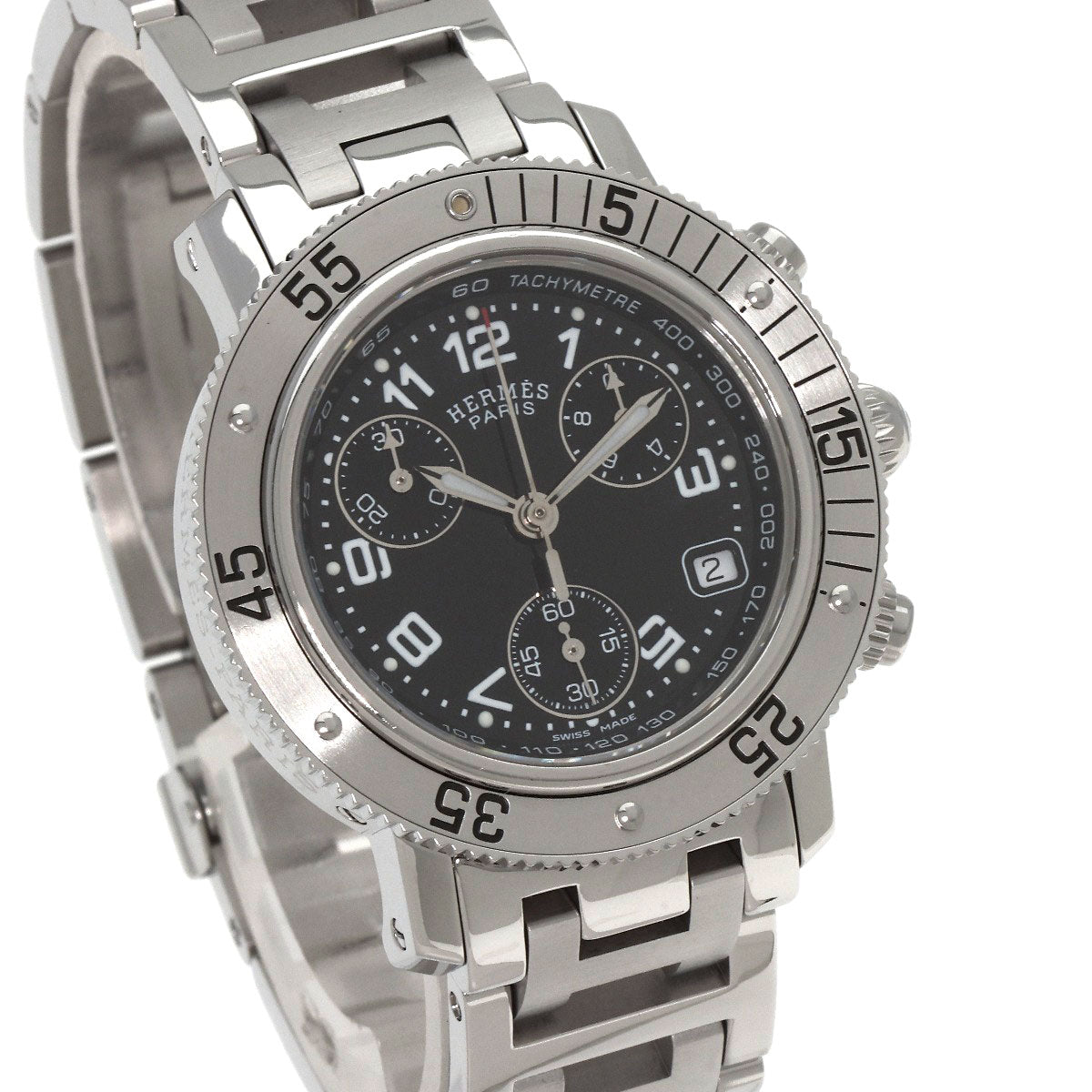 HERMES Watches Quartz CL2.310 Stainless Steel , Stainless Steel Silver Clipper Diver Chronograph black dial Women Used