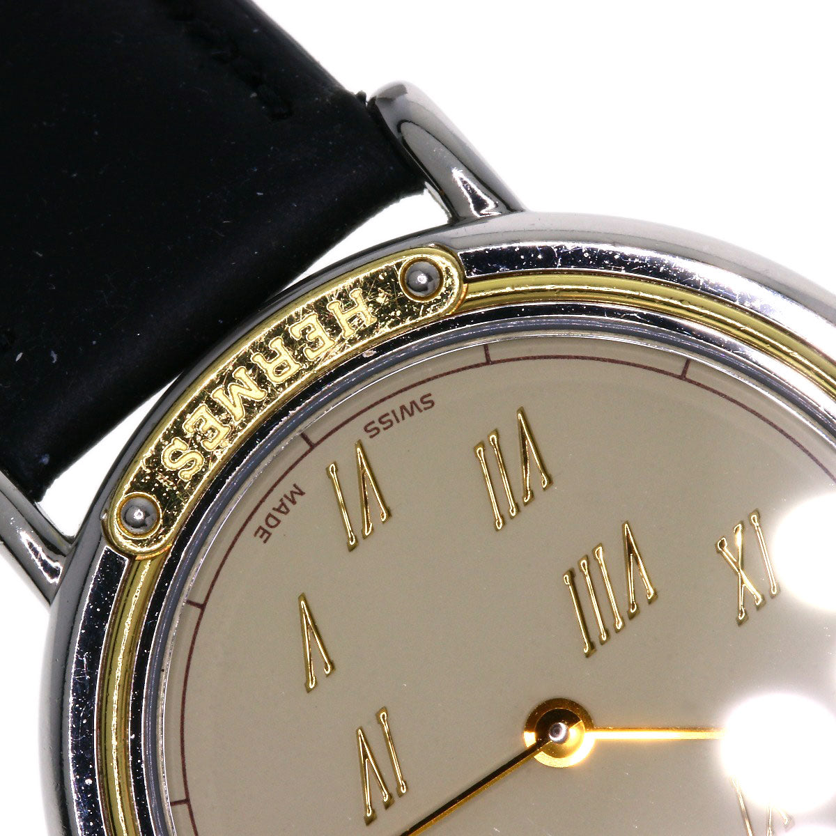 HERMES Watches Quartz Combination, Leather Silver Meteor Ivory dial mens Used