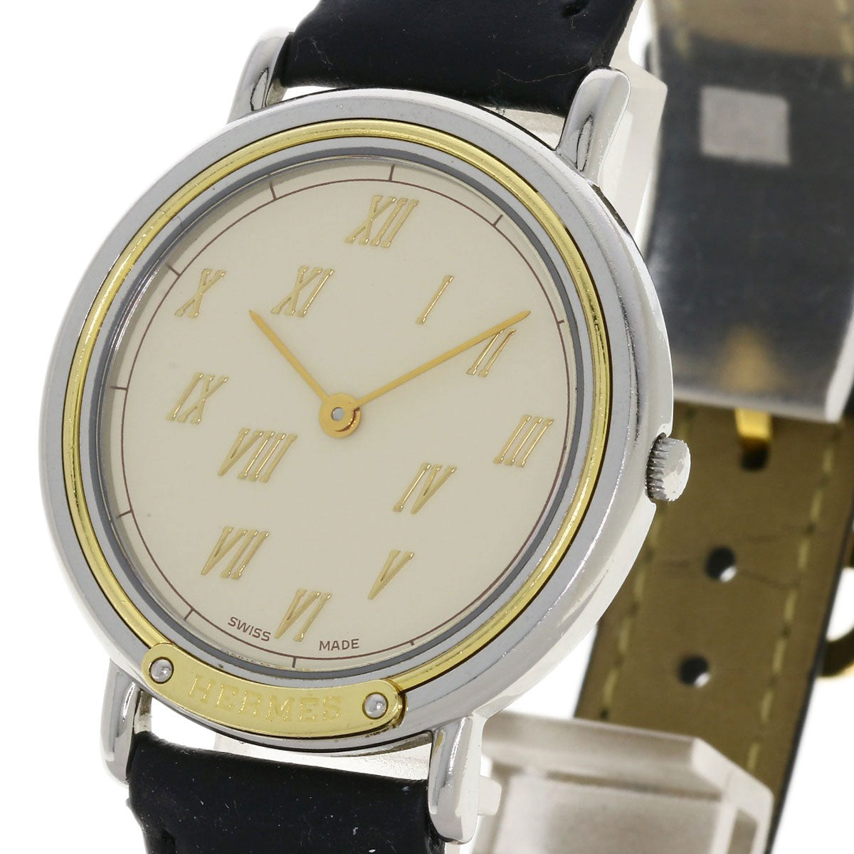 HERMES Watches Quartz Combination, Leather Silver Meteor Ivory dial mens Used