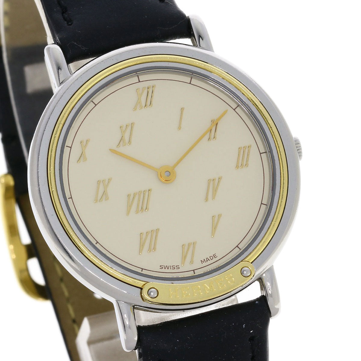 HERMES Watches Quartz Combination, Leather Silver Meteor Ivory dial mens Used