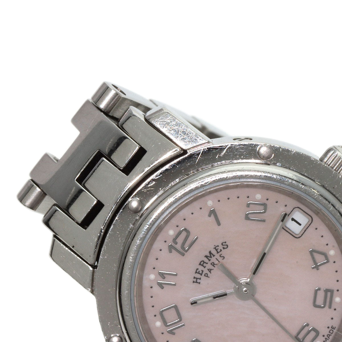 HERMES Watches Quartz CL4.210 Stainless Steel , Stainless Steel Silver Clipper Nacle New Buckle Pink shell dial Women Used
