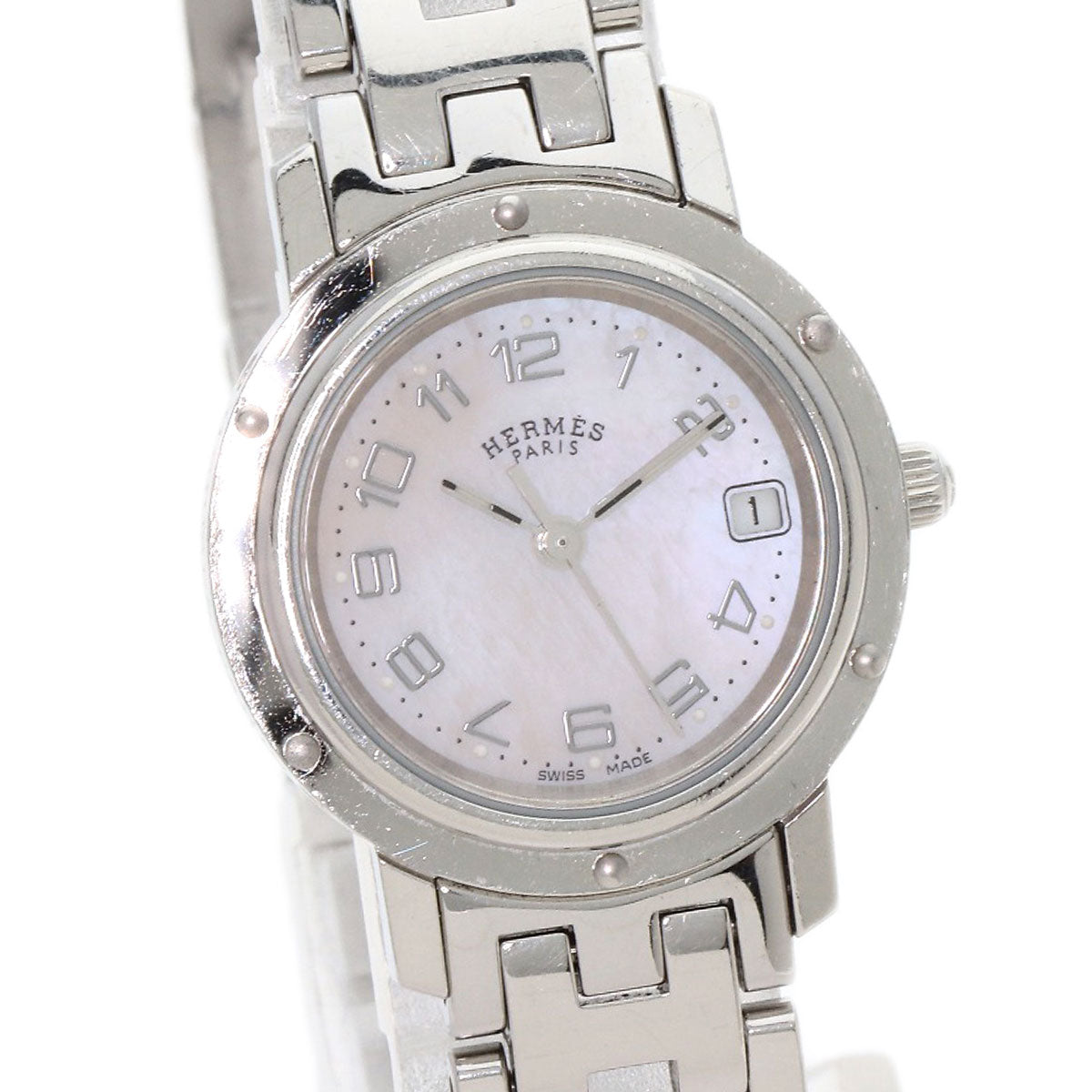 HERMES Watches Quartz CL4.210 Stainless Steel , Stainless Steel Silver Clipper Nacle New Buckle Pink shell dial Women Used