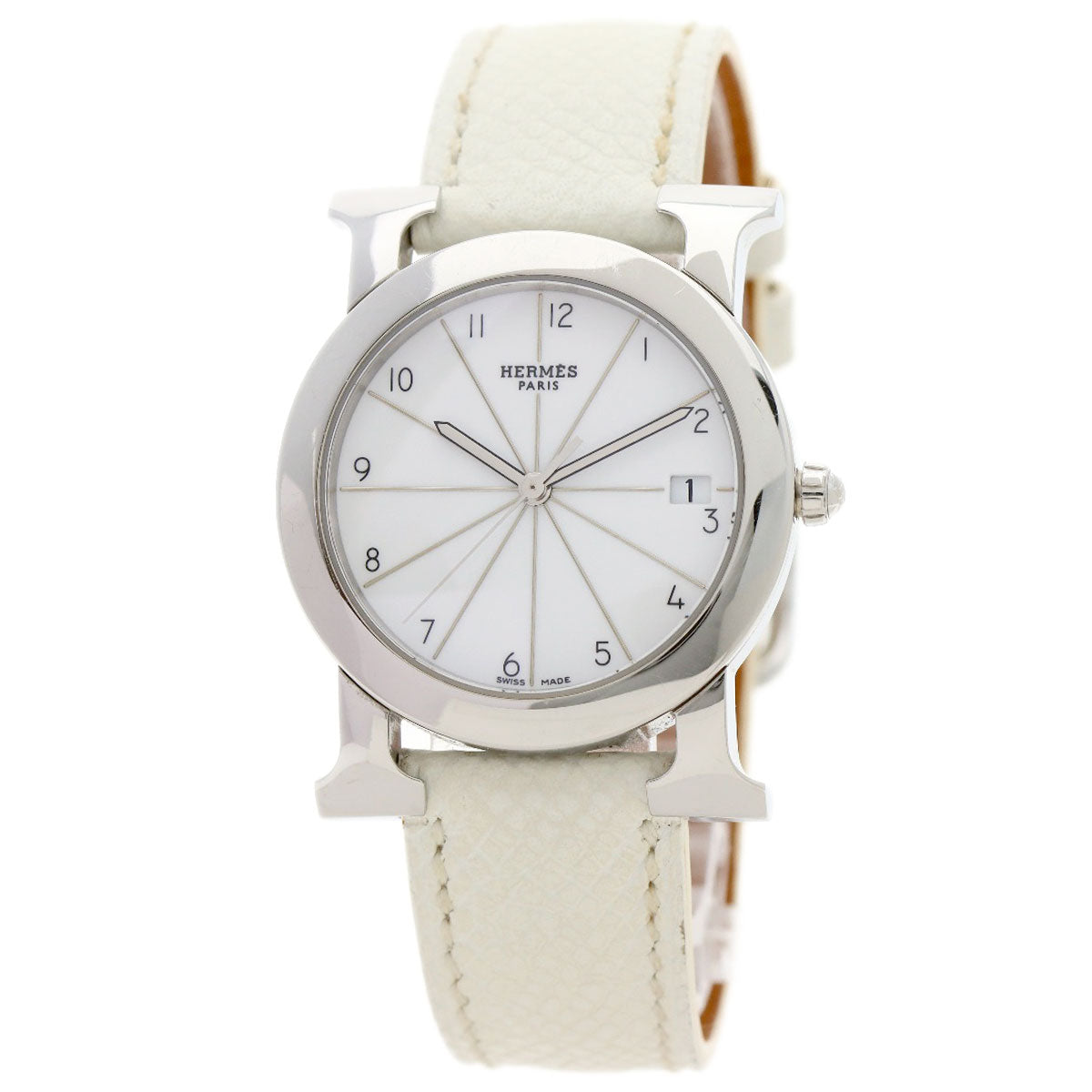 HERMES Watches Quartz HR1.510 Stainless Steel, Leather Silver H watch Rondo white dial Women Used