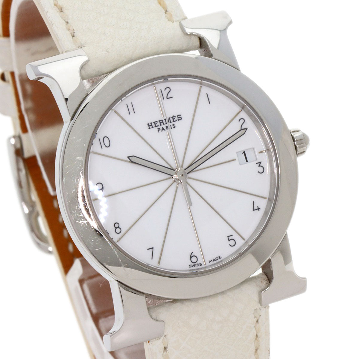 HERMES Watches Quartz HR1.510 Stainless Steel, Leather Silver H watch Rondo white dial Women Used