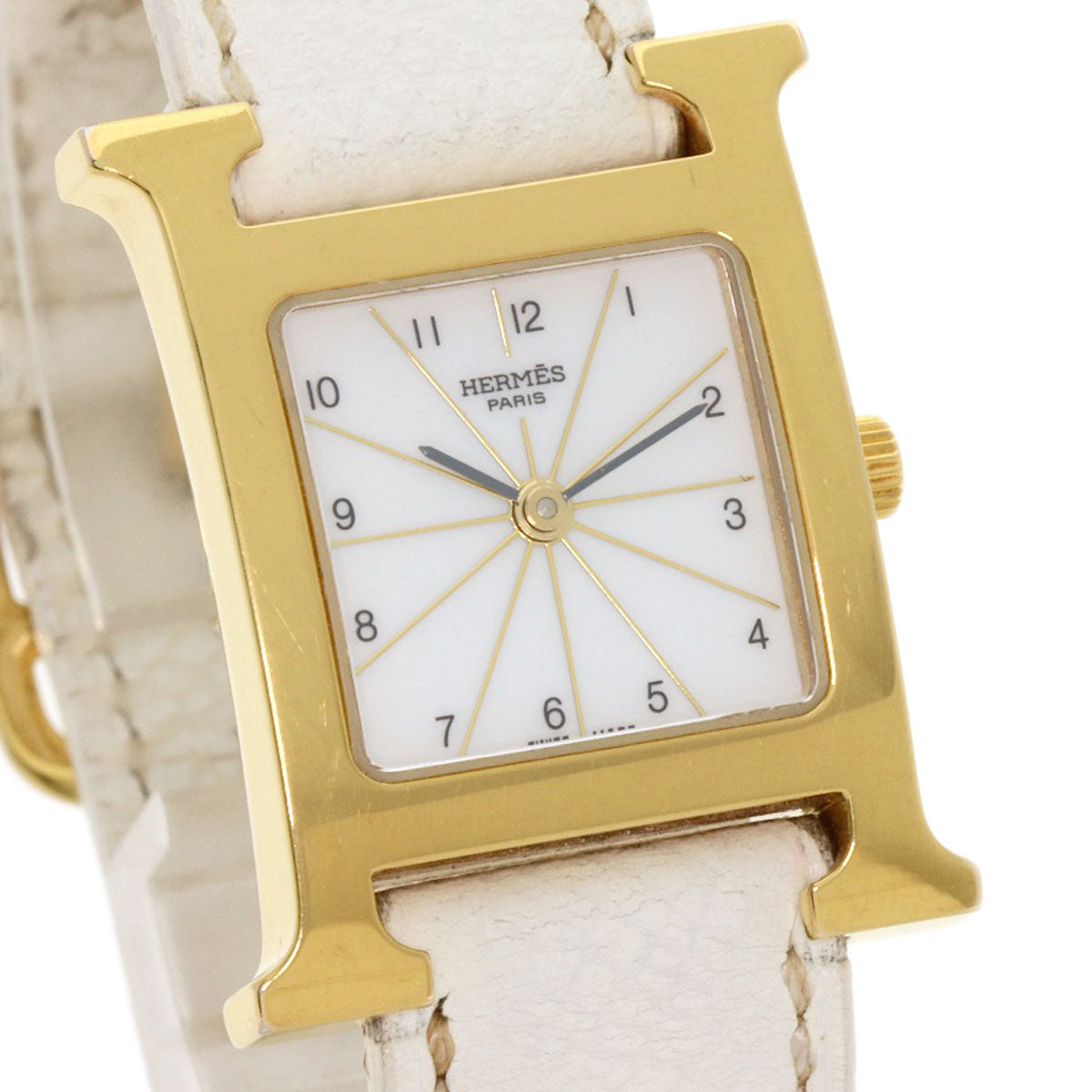 HERMES Watches Quartz HH1.201 Gold Plated, Leather gold H watch white dial Women Used