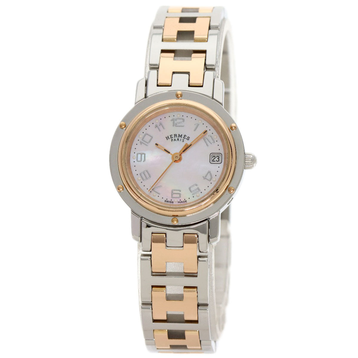 HERMES Watches Quartz CL4.221 Stainless Steel gold Clipper Nacre New Buckle Pink shell dial
