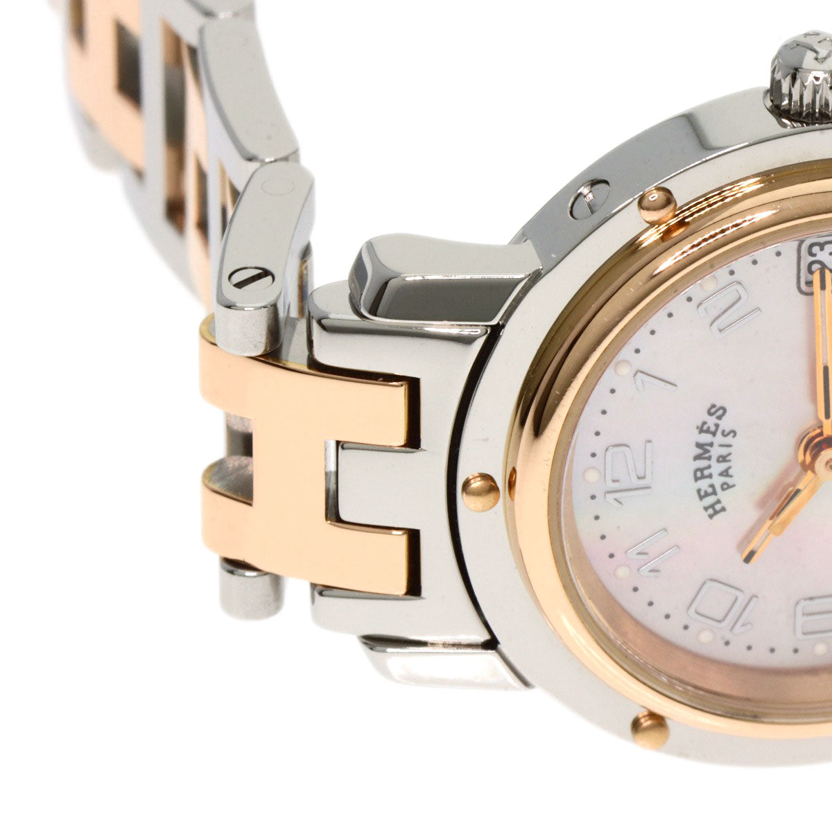 HERMES Watches Quartz CL4.221 Stainless Steel gold Clipper Nacre New Buckle Pink shell dial