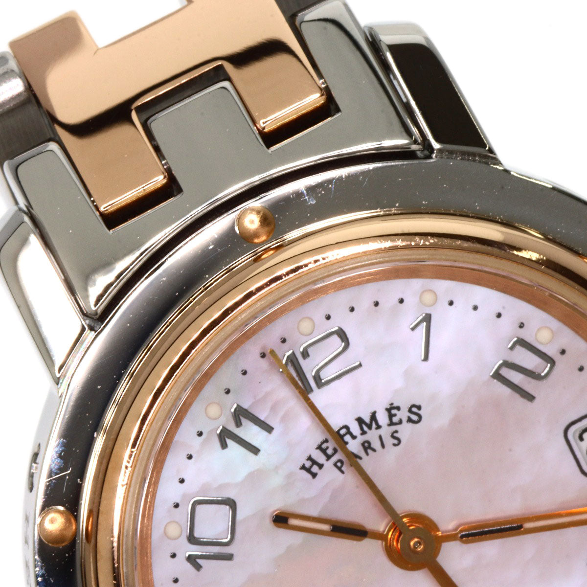 HERMES Watches Quartz CL4.221 Stainless Steel gold Clipper Nacre New Buckle Pink shell dial