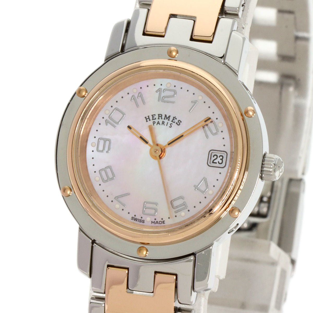 HERMES Watches Quartz CL4.221 Stainless Steel gold Clipper Nacre New Buckle Pink shell dial