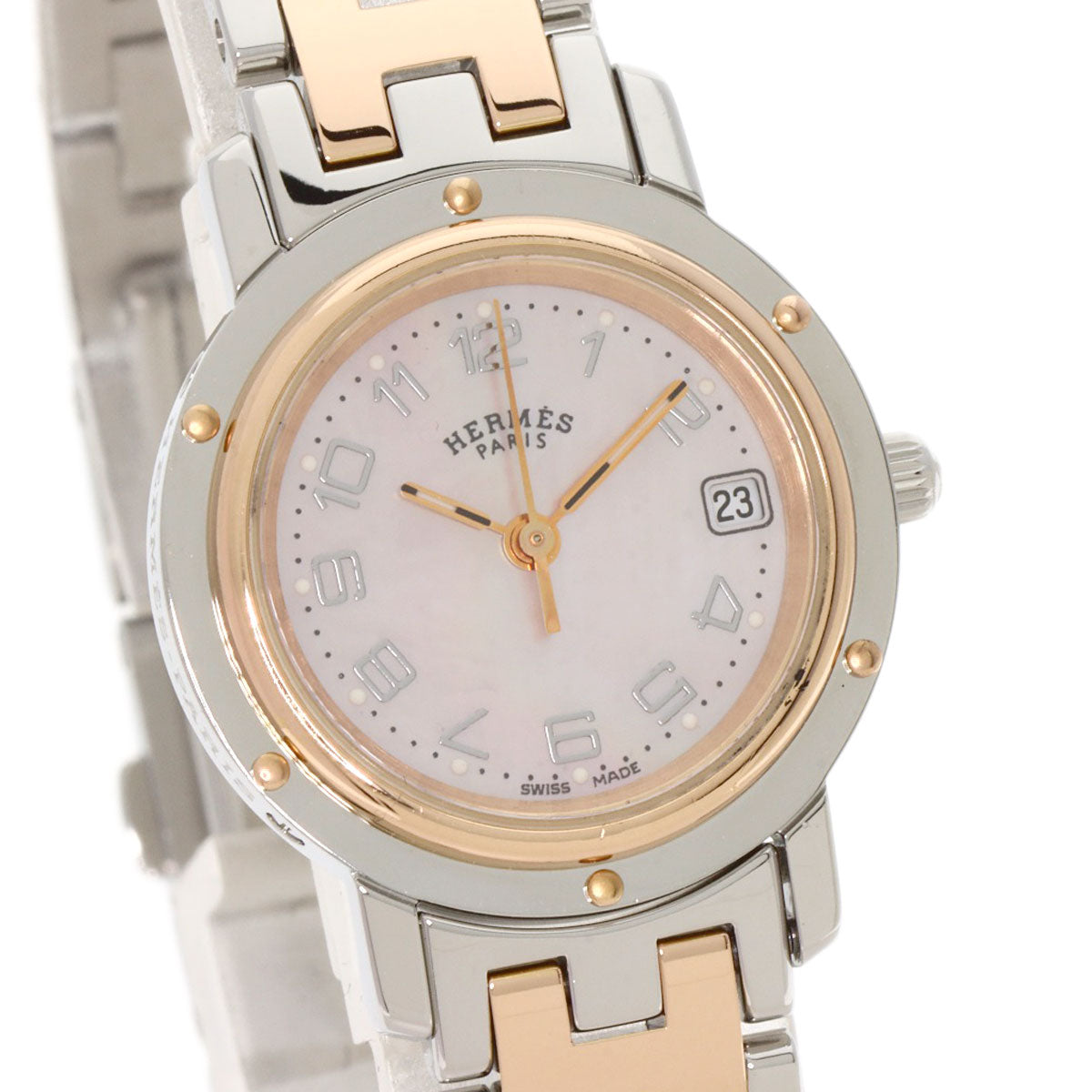 HERMES Watches Quartz CL4.221 Stainless Steel gold Clipper Nacre New Buckle Pink shell dial