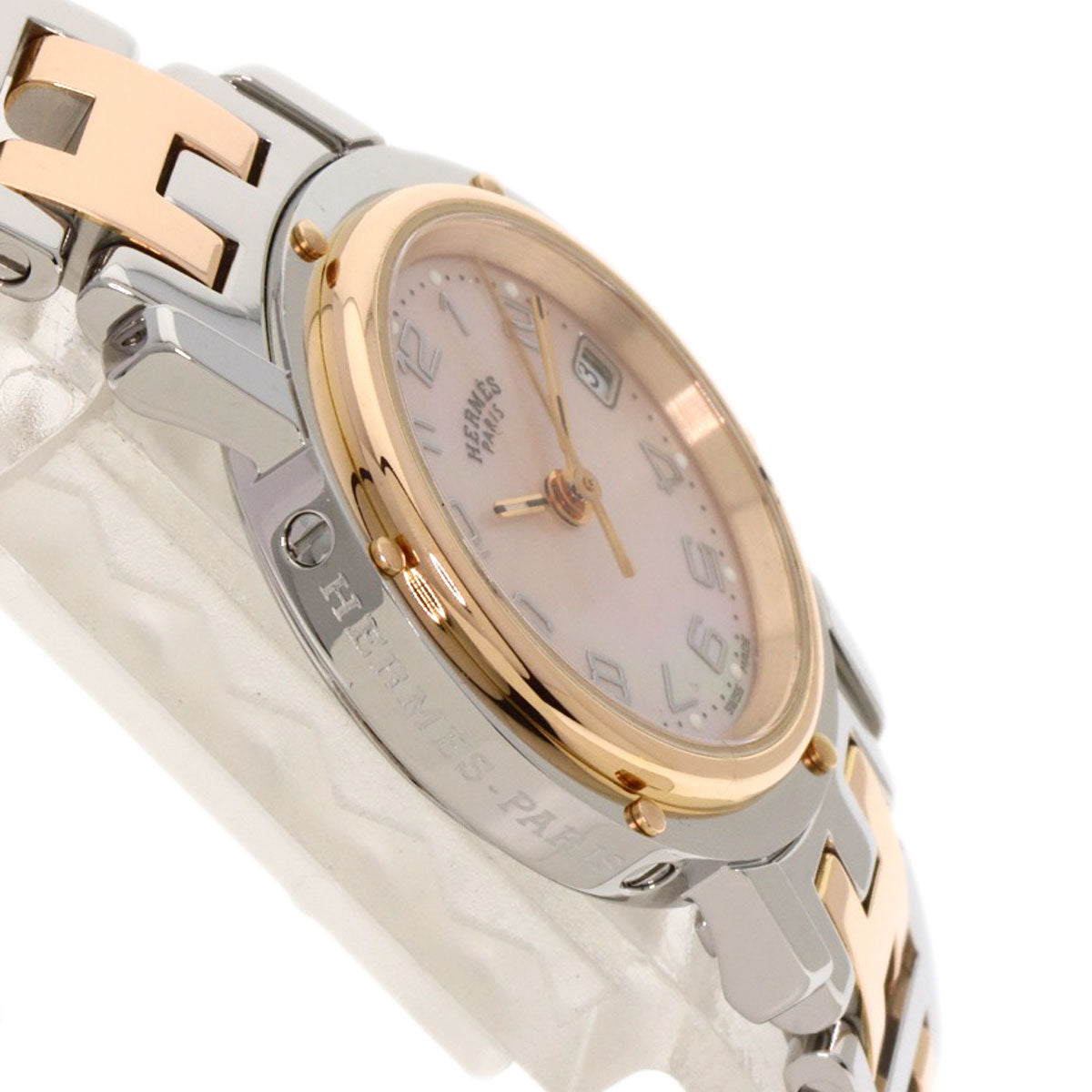 HERMES Watches Quartz CL4.221 Stainless Steel gold Clipper Nacre New Buckle Pink shell dial