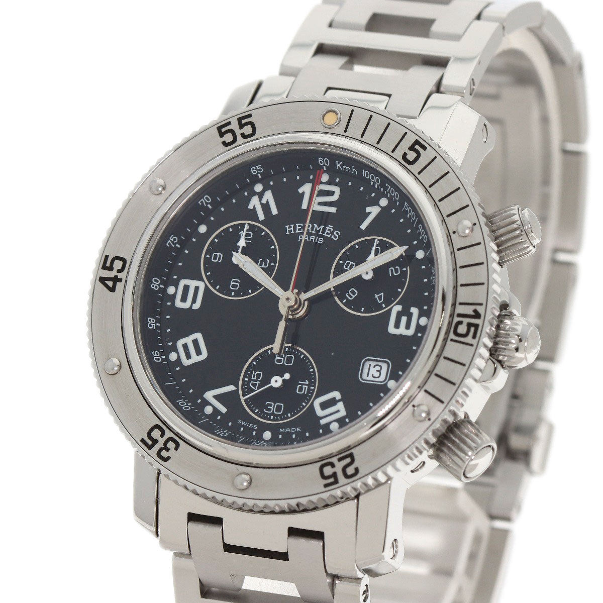 HERMES Watches Quartz CL2.910 Stainless Steel , Stainless Steel Silver Clipper Diver Chronograph black dial mens Used