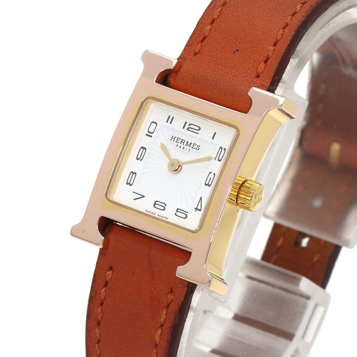 HERMES Watches Quartz HH1.101 PGP, leather gold H watch mini white dial Women Used