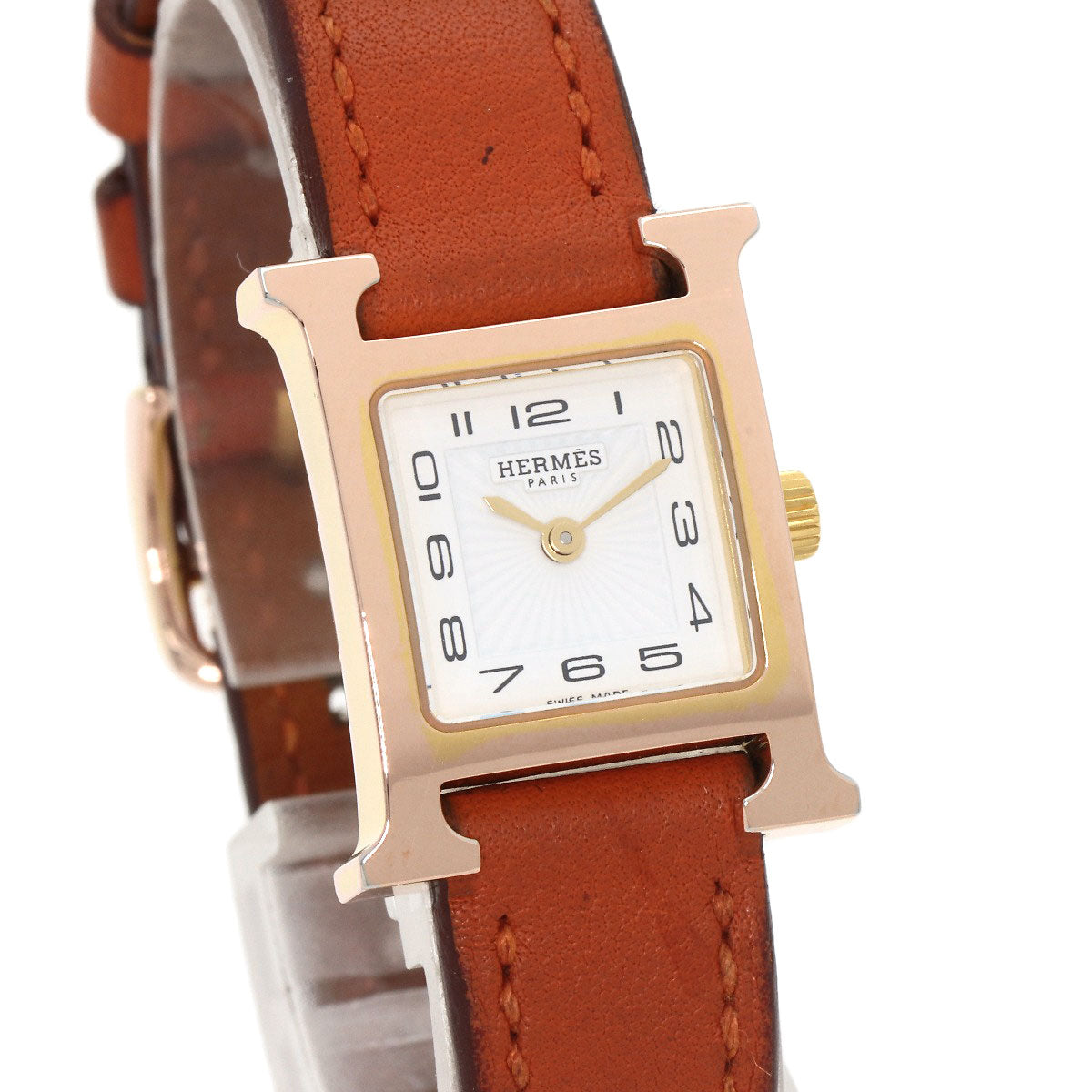 HERMES Watches Quartz HH1.101 PGP, leather gold H watch mini white dial Women Used