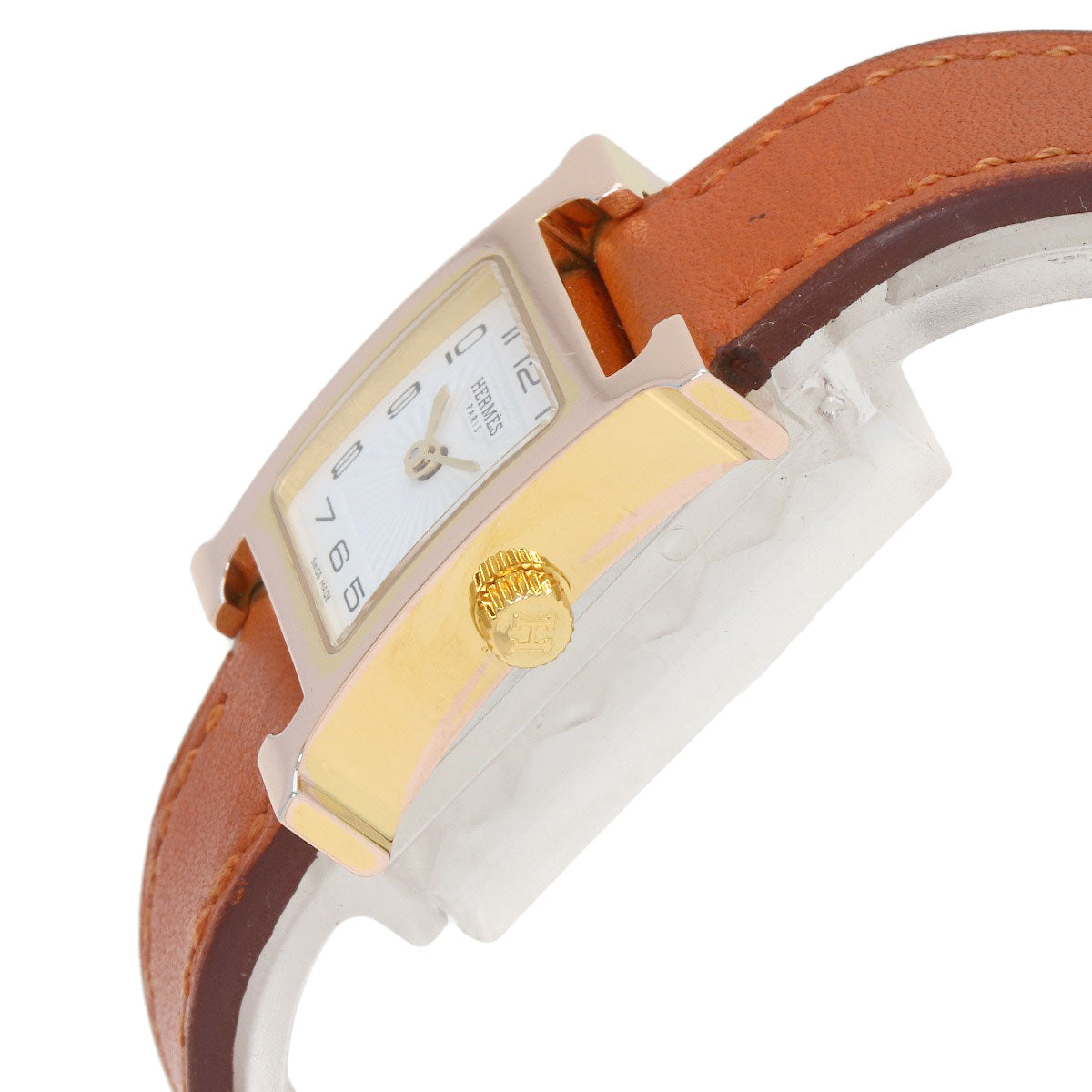 HERMES Watches Quartz HH1.101 PGP, leather gold H watch mini white dial Women Used