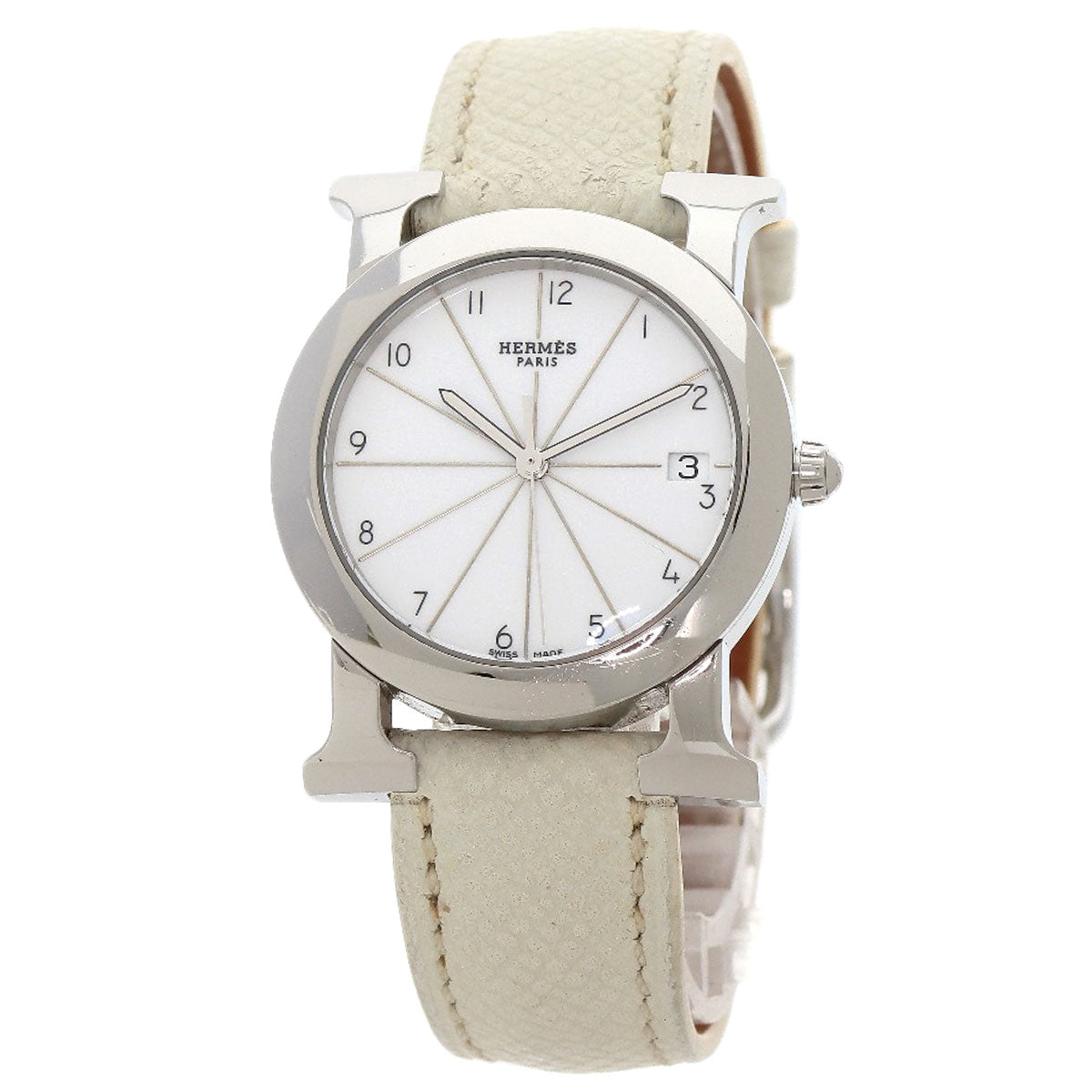HERMES Watches Quartz HR1.510 Stainless Steel, Leather Silver H watch Rondo white dial Women Used