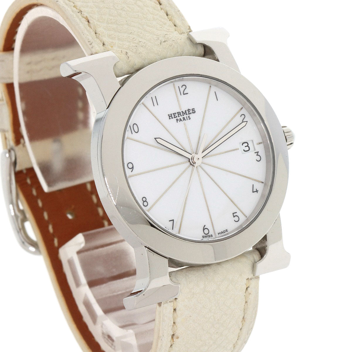 HERMES Watches Quartz HR1.510 Stainless Steel, Leather Silver H watch Rondo white dial Women Used