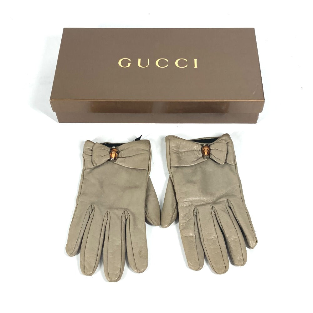 GUCCI gloves leather beige Ribbon Wood Bamboo 7