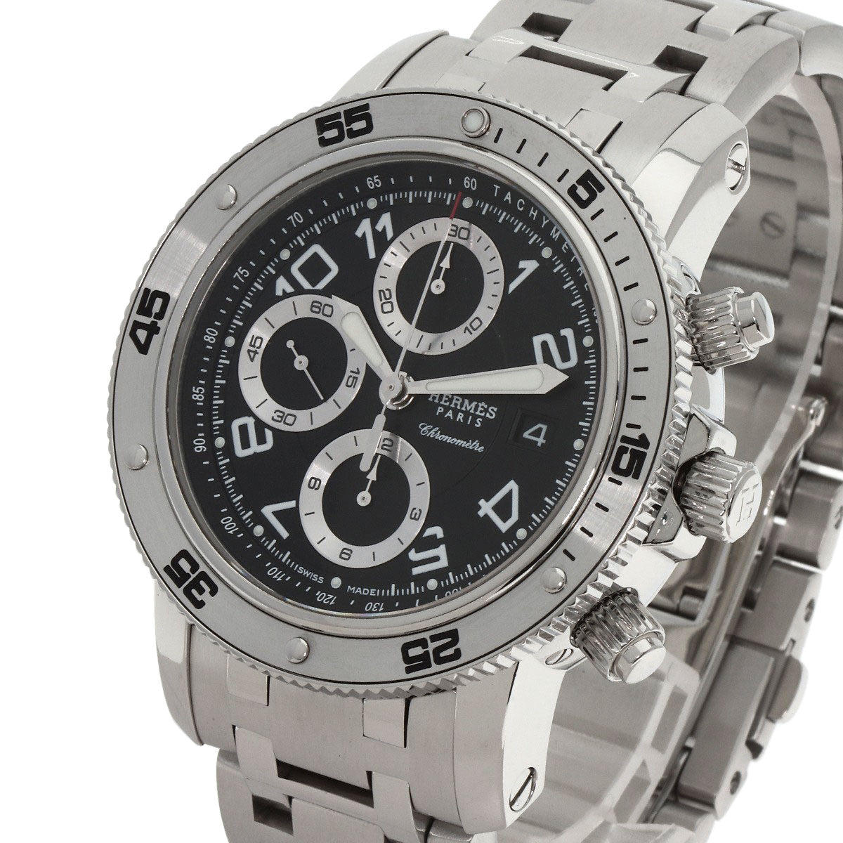 HERMES Watches Mechanical Automatic CP2.910 Stainless Steel , Stainless Steel Silver Clipper Mechanical Diver Chronograph black dial mens Used