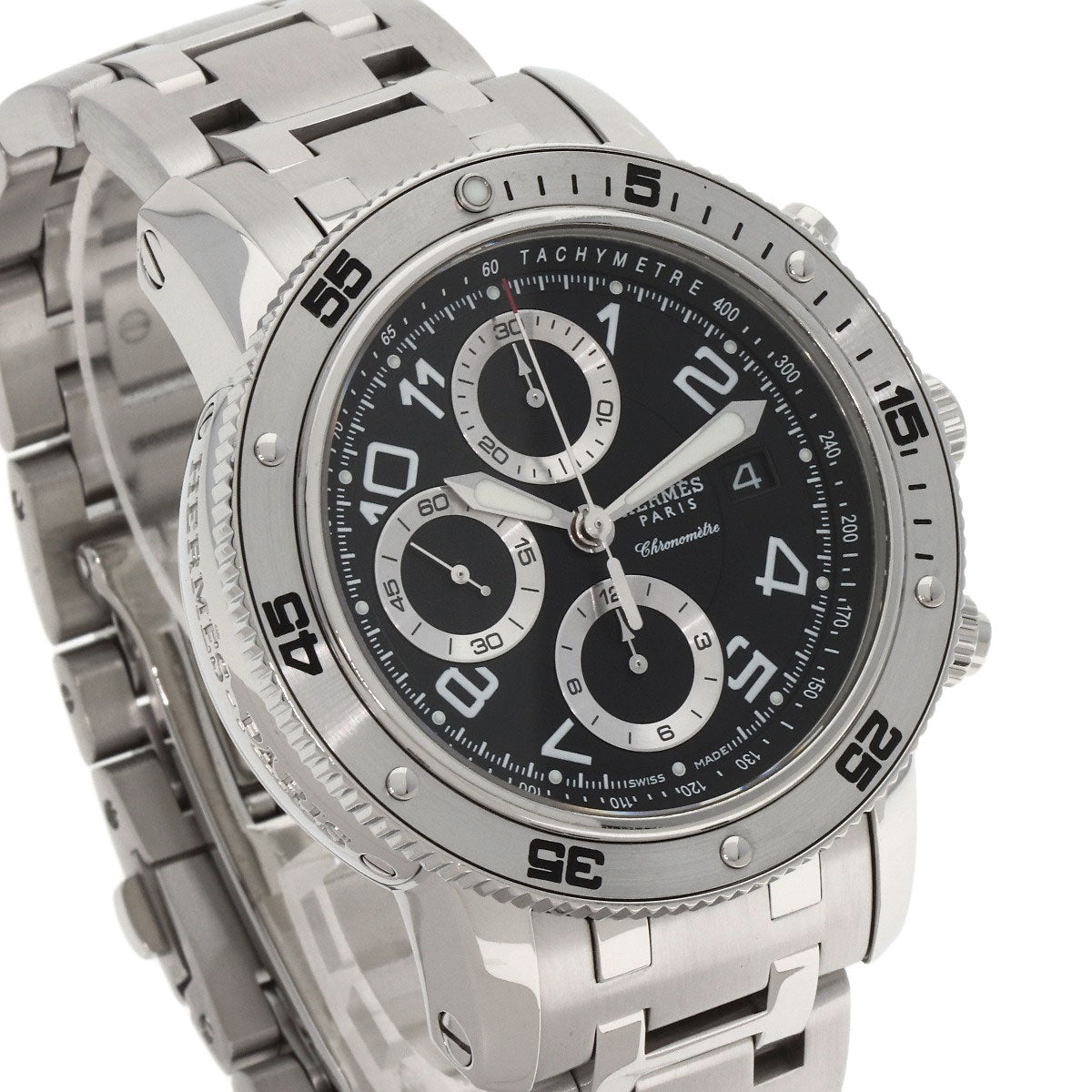 HERMES Watches Mechanical Automatic CP2.910 Stainless Steel , Stainless Steel Silver Clipper Mechanical Diver Chronograph black dial mens Used