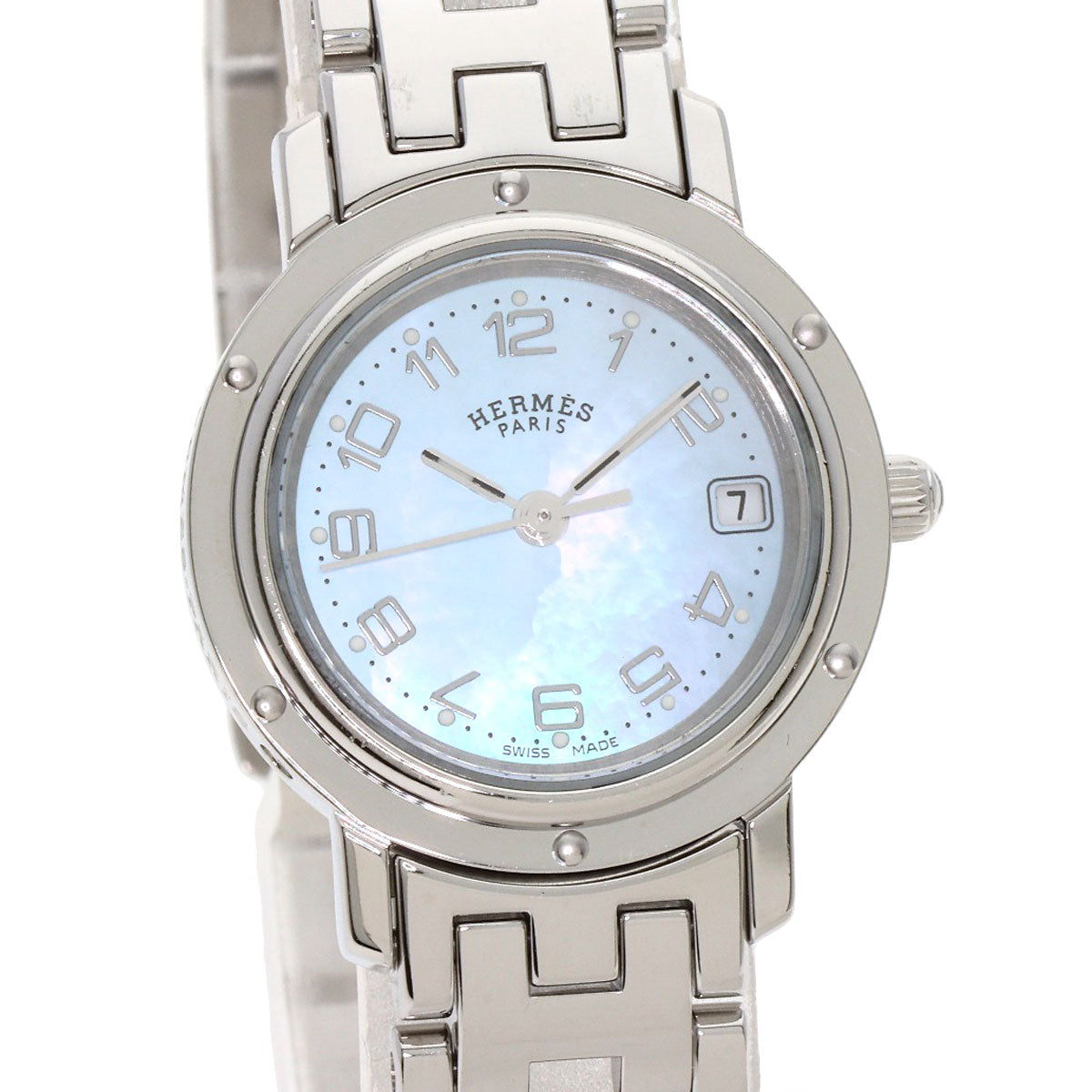 HERMES Watches Quartz CL4.210 Stainless Steel Silver Clipper Nacre New Buckle Blue shell dial