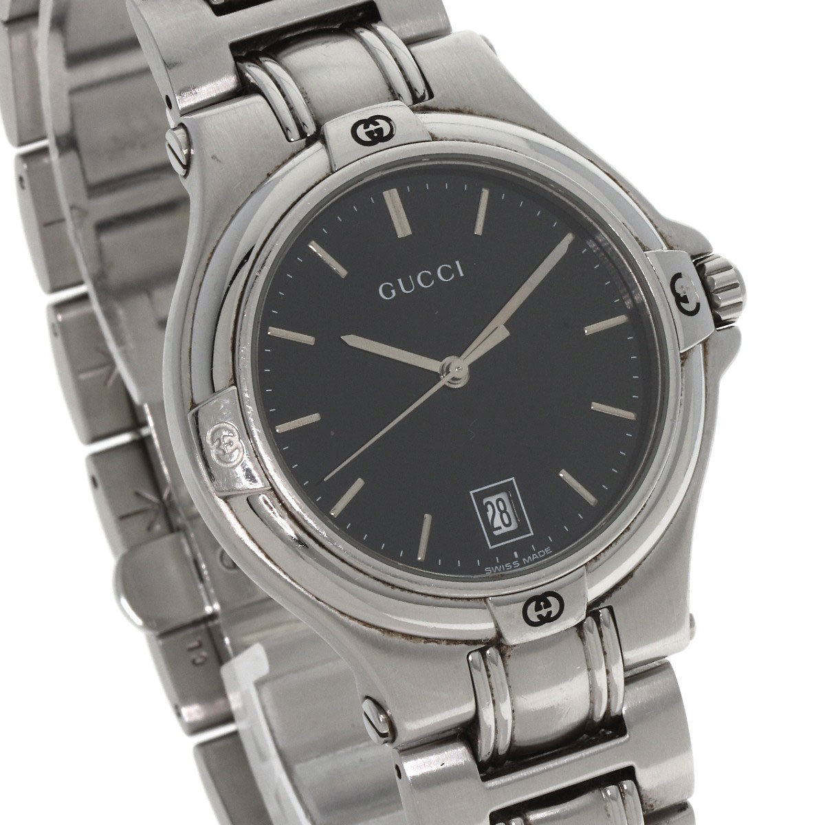 GUCCI Watches Quartz 9040M Stainless Steel , Stainless Steel Silver Double G black dial mens Used