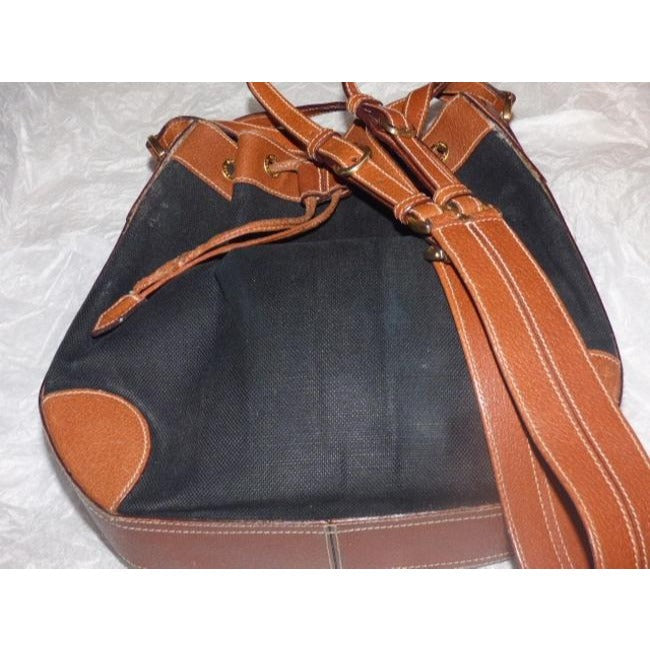 Gucci Black Linen And Camel Leather Bucket Bag With Equestrian Strap
