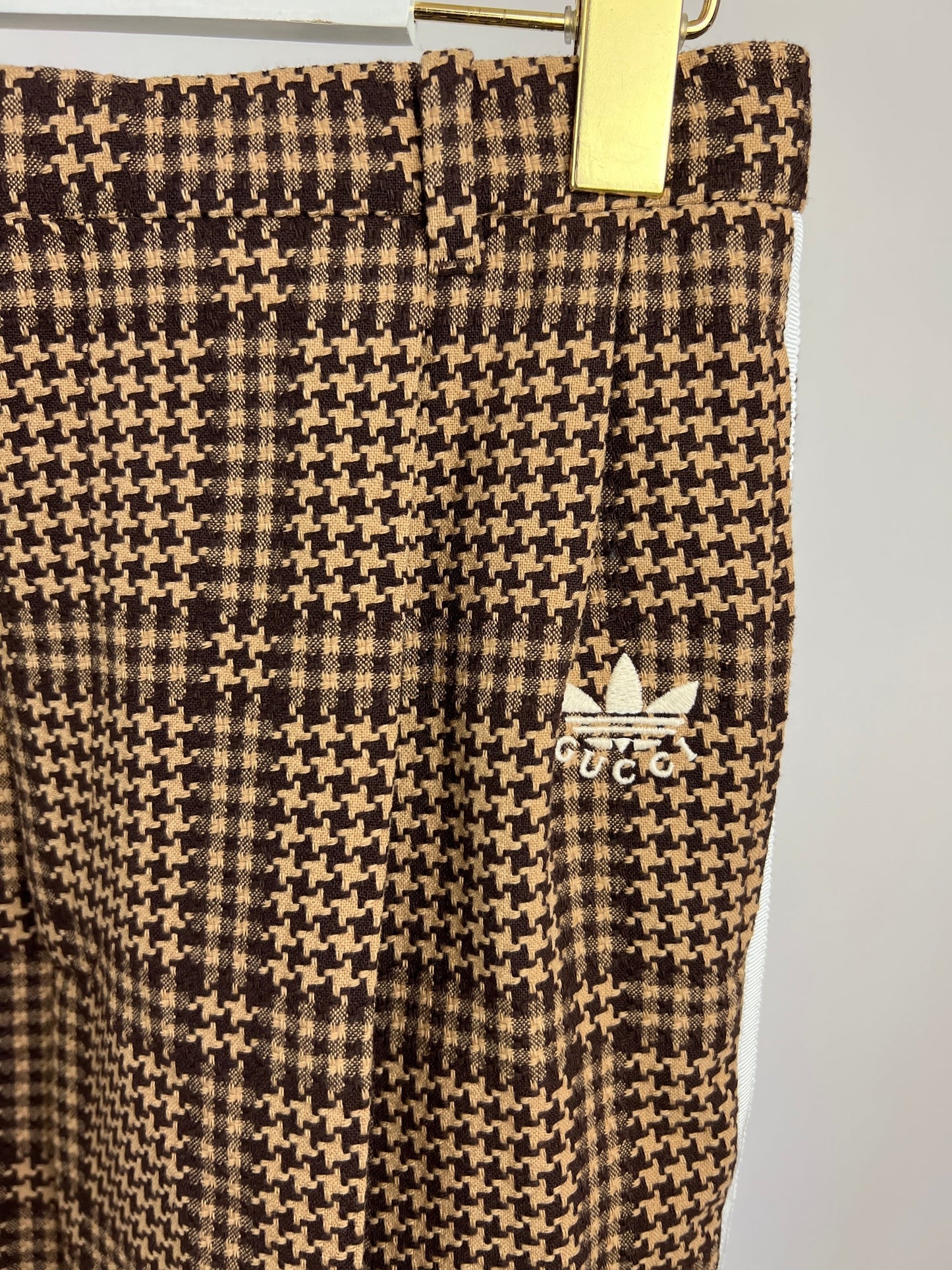 Gucci X Adidas Brown Check Wool Trousers with White Stripe Side Detail Size IT 42 (UK 10)