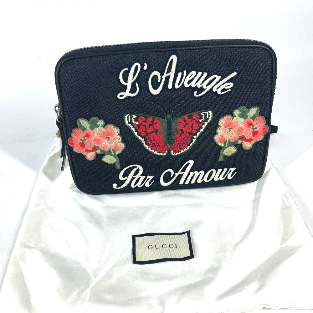 GUCCI Clutch bag 473883 Nylon black Flower Butterfly Butterfly Flower embroidery embroidery
