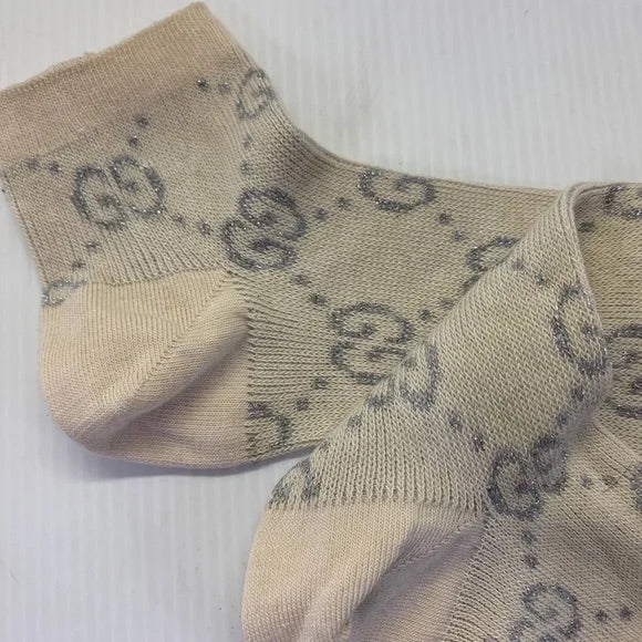 Gucci GG Ivory Ankle Socks with Silver Lamé Interlocking GG