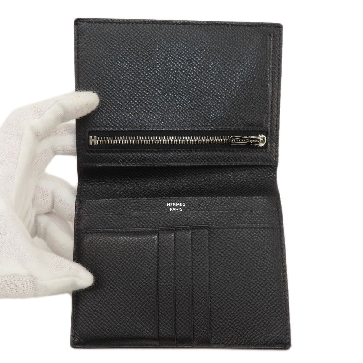 HERMES Bifold Wallet Epsom black Bearn Compact Black SilverMetal