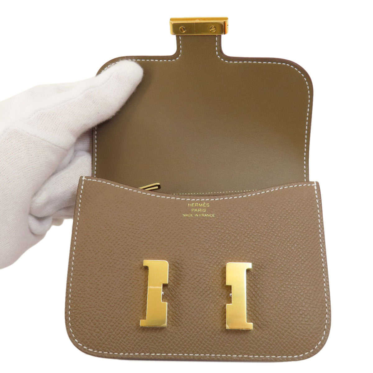 HERMES Coin case Epsom beige Constance Slim Etoupe Gold Metal