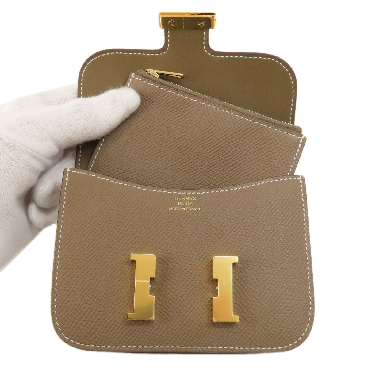 HERMES Coin case Epsom beige Constance Slim Etoupe Gold Metal